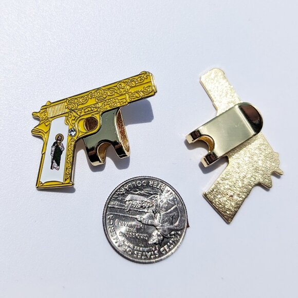 Pin Gun with St Jude Pin For Caps Clothing Enamel Badge San Judas firearm pin  X - Picture 2 of 4